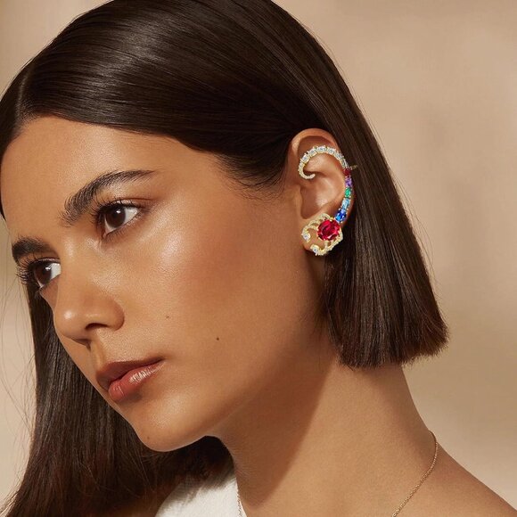 925 Silver Butterfly Ear Cuff Earrings for Women, Gold Purple Cubic Zirconia, Hy - Picture 5 of 6